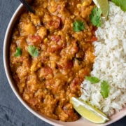 close up overhead of Instant Pot Lentil Curry and rice in a bowl
