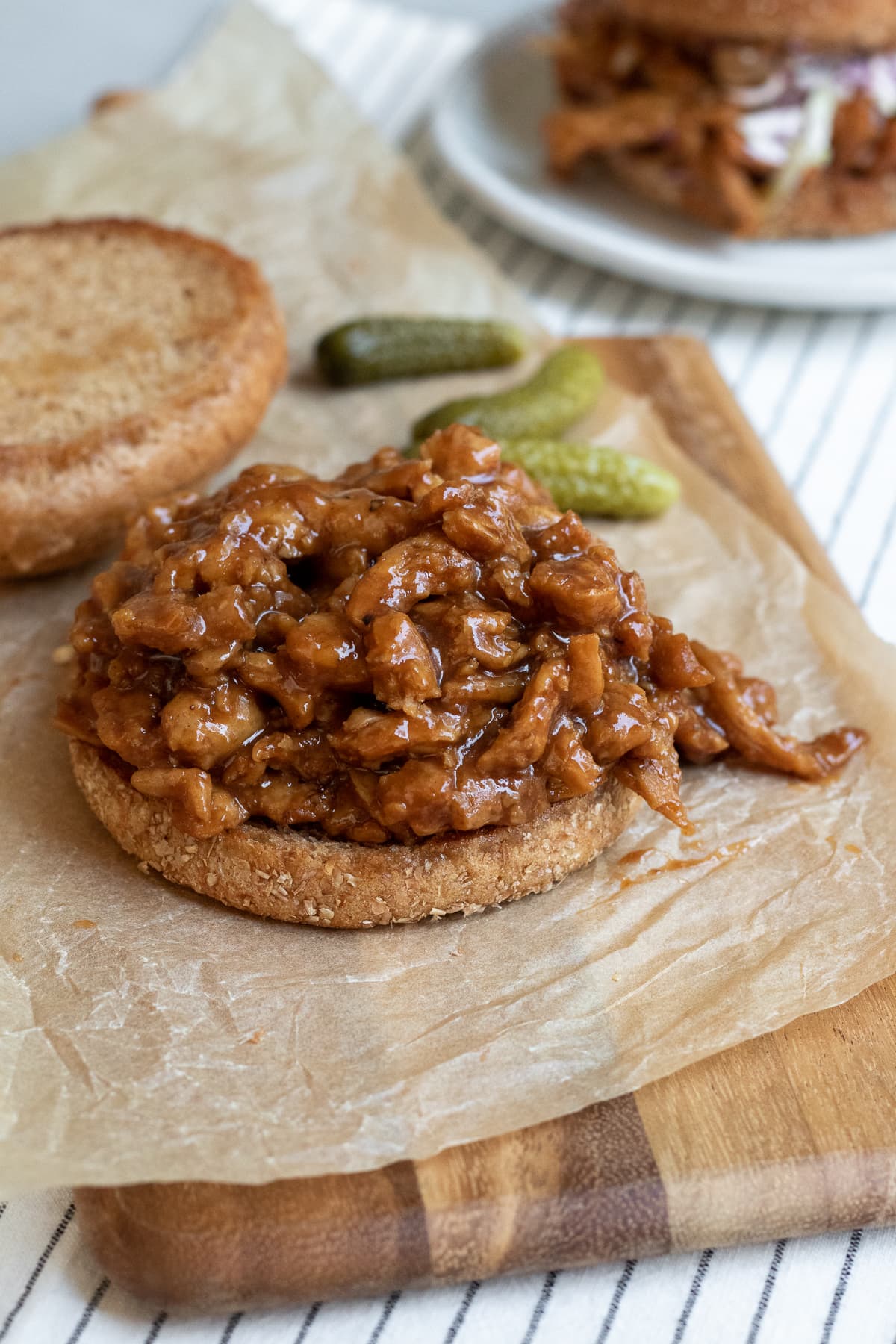 open face bun showing texture of BBQ soy curls.