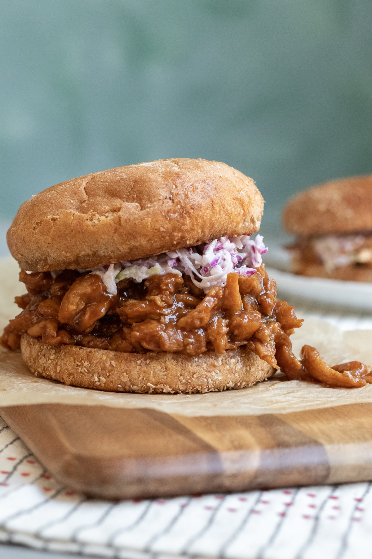 side view of vegan barbecue sandwich.