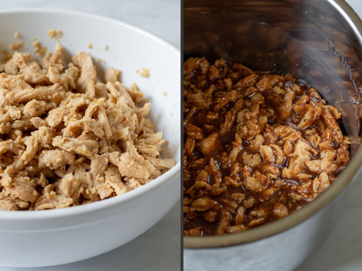 2-photo collage showing soaked soy curls and in Instant Pot with sauce.