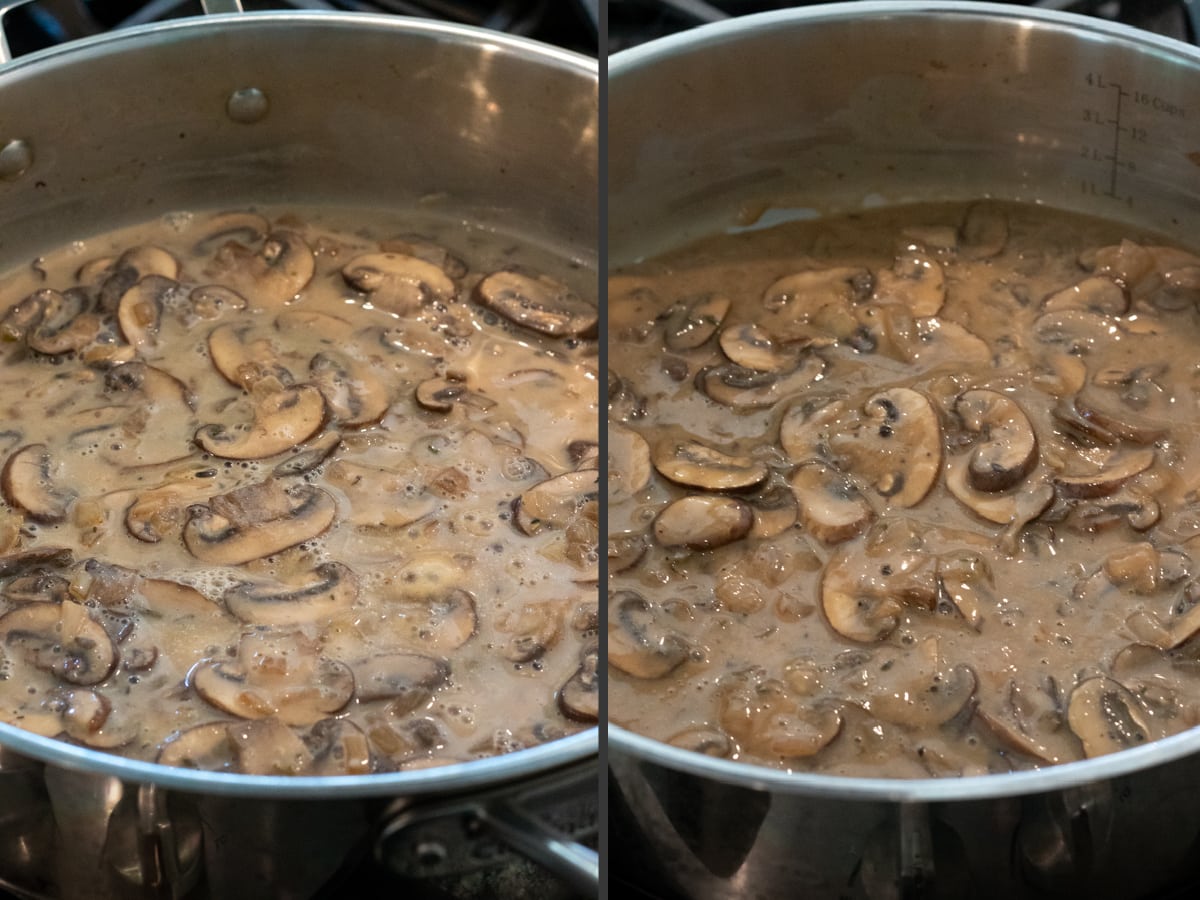 2 photos showing the progression of mushroom gravy thickening in a pan.
