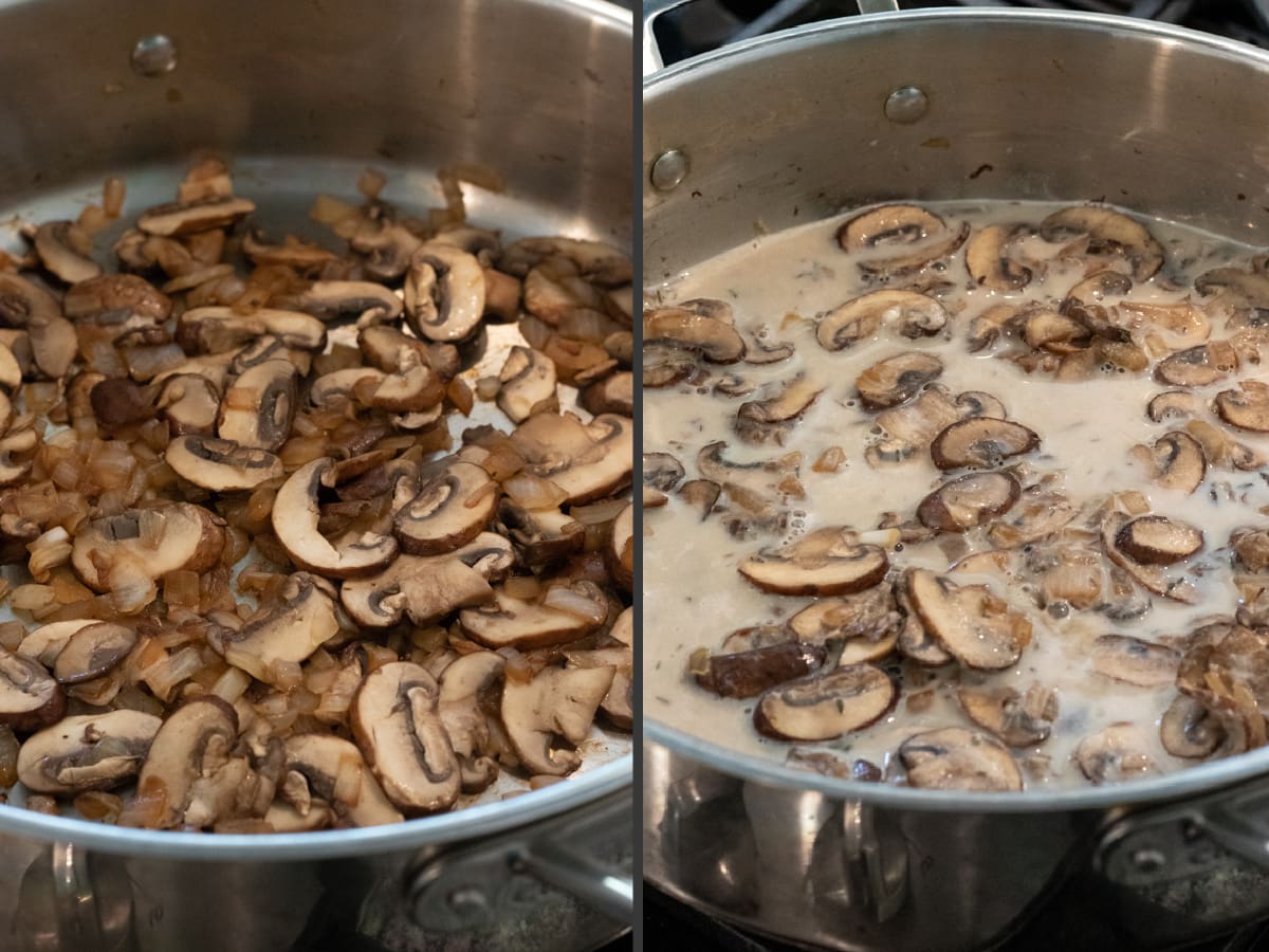 2 photos showing the process of sautéing onion and mushrooms and adding milk to pan.