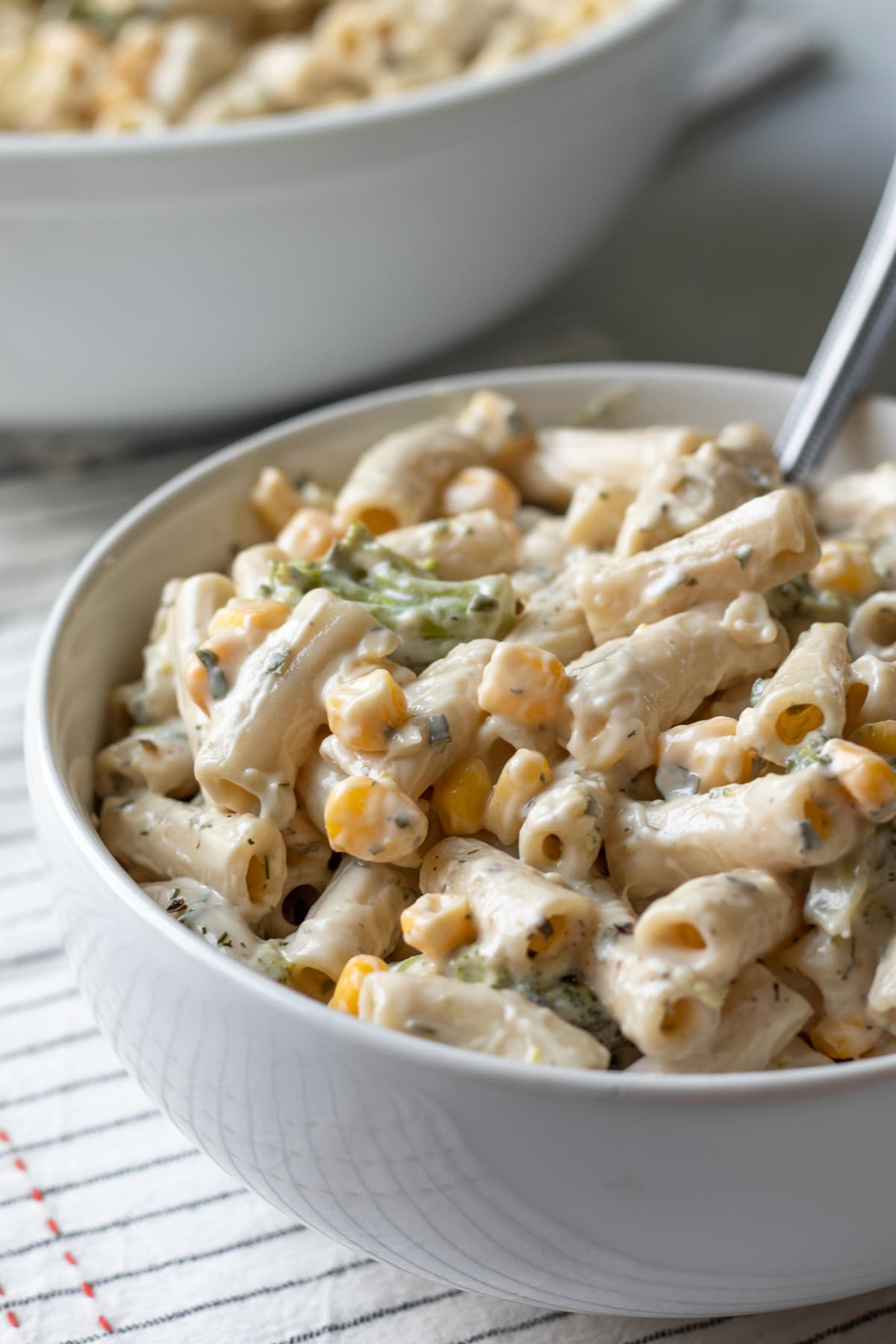 ranch pasta in a white bowl