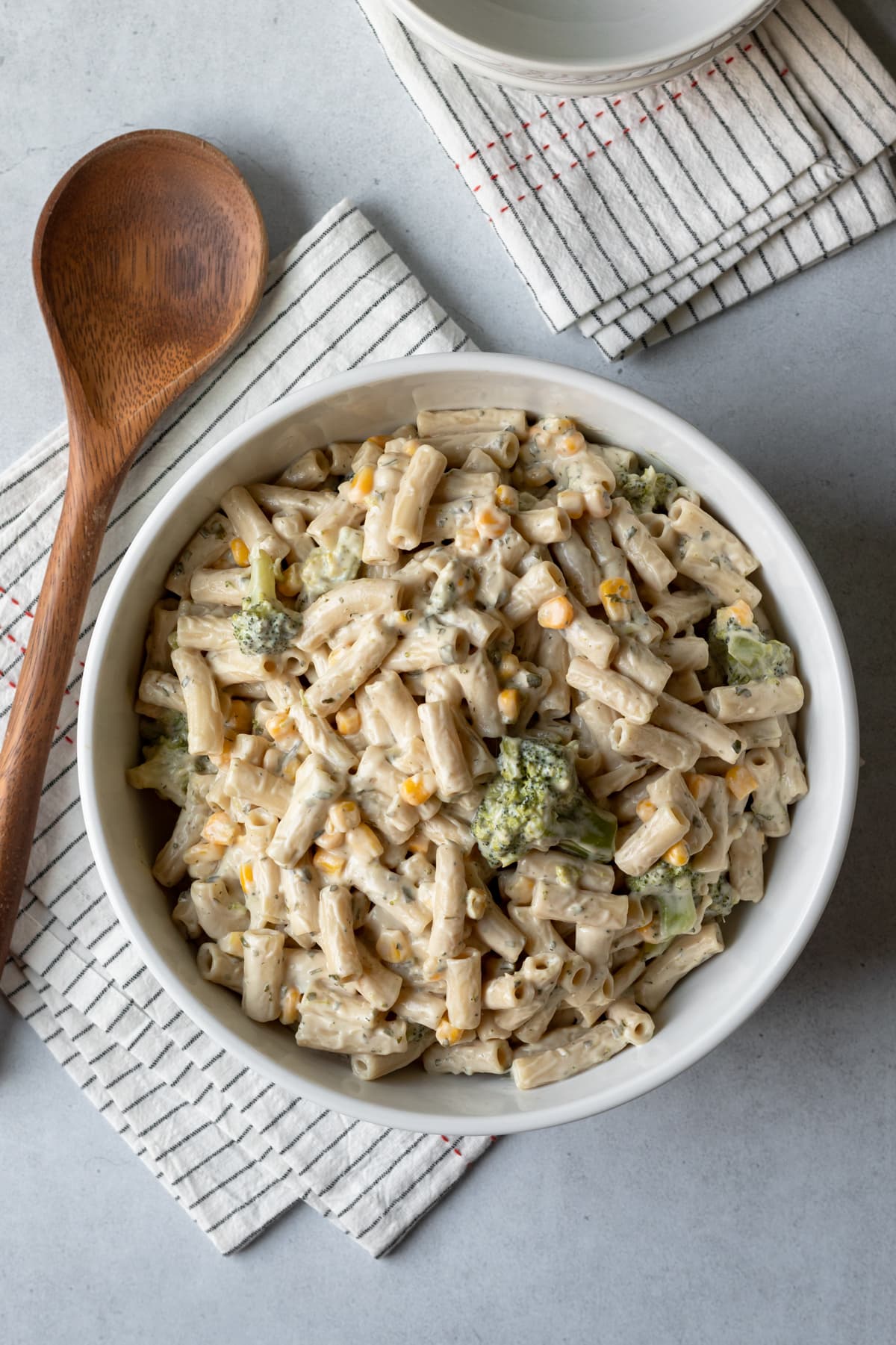 overhead shot of pasta in a large white bowl