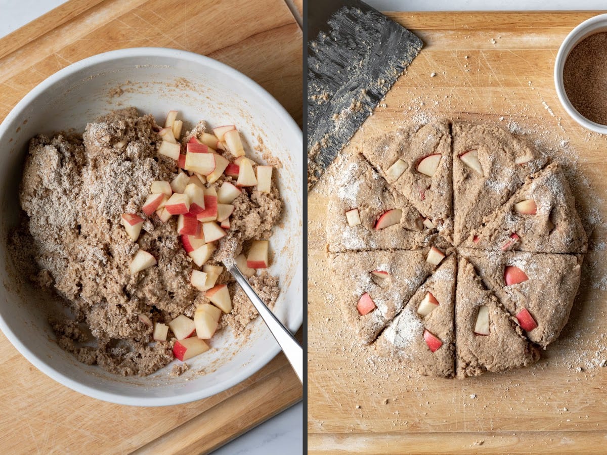 two photo collage showing preparation of dough and cutting.