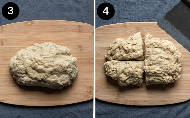 2-photo collage showing how to cut seitan dough.