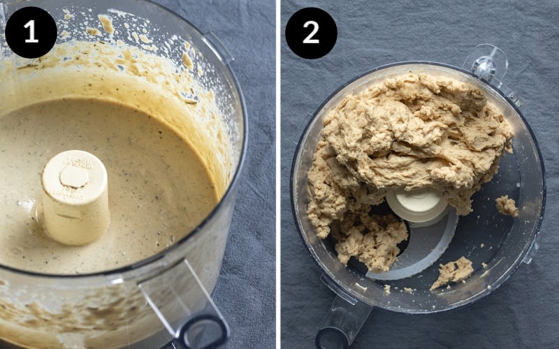2-photo collage showing blending ingredients in food processor.