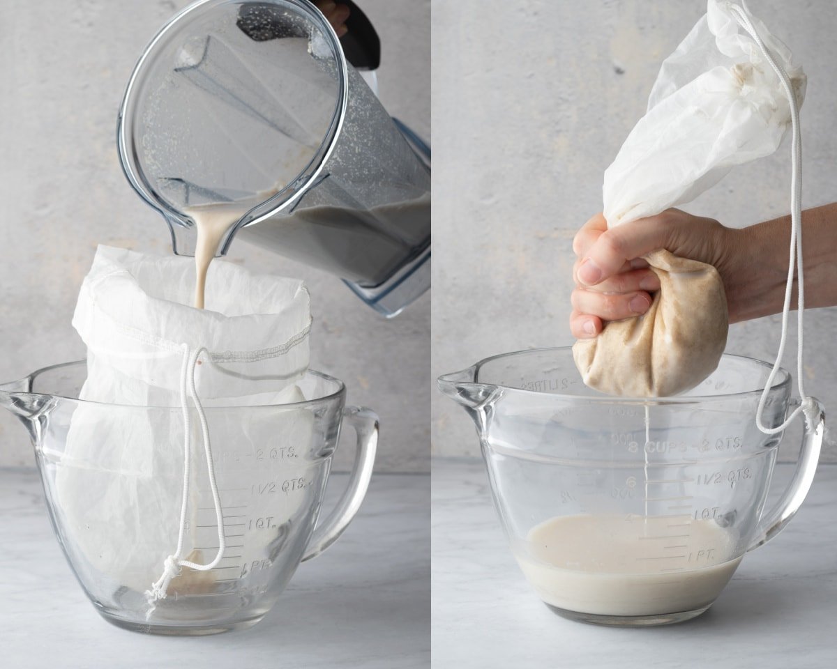 2 photos of straining homemade oat milk with a nut milk bag.