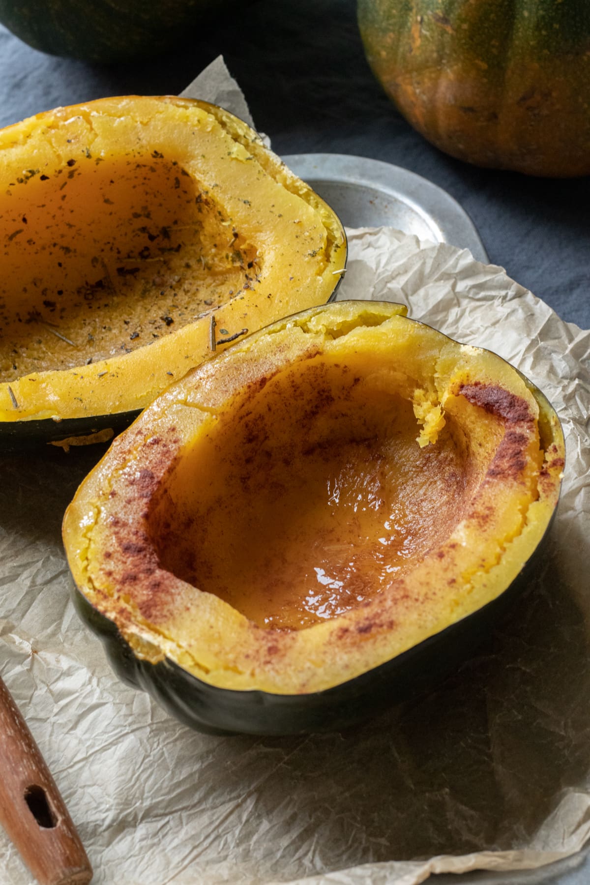 close up of cooked squash sprinkled with cinnamon.