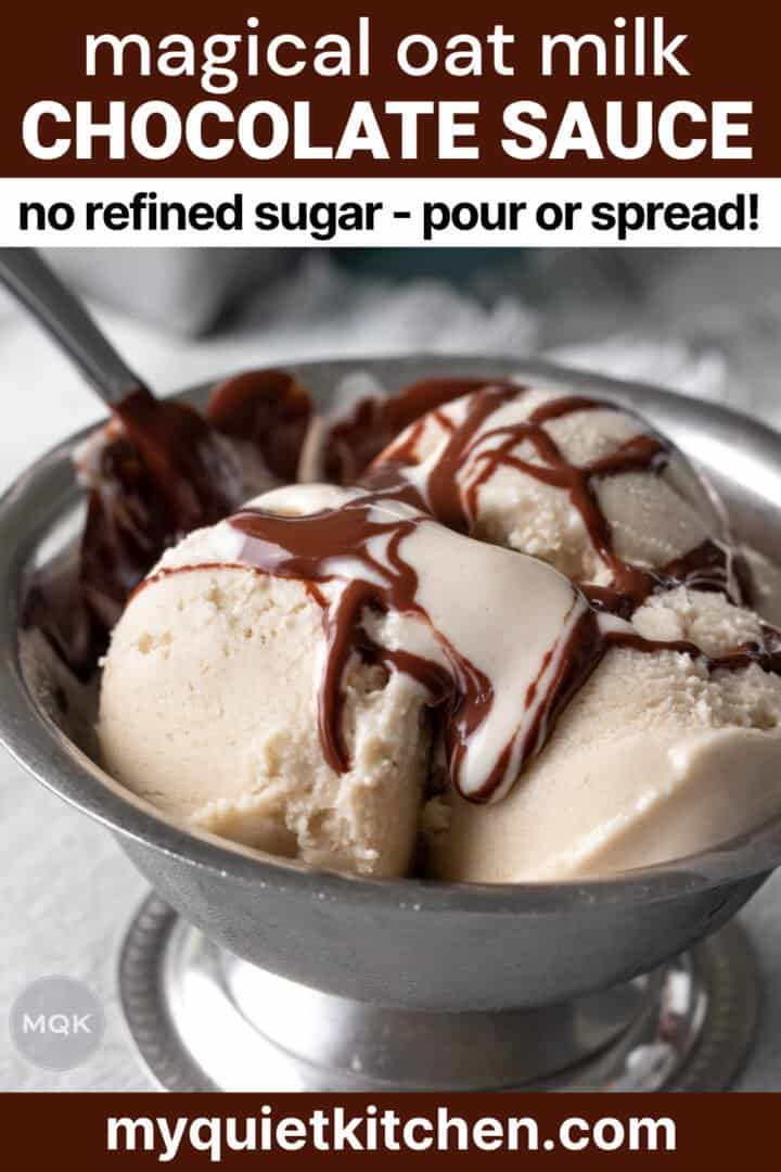 ice cream with chocolate sauce and text to save on Pinterest.