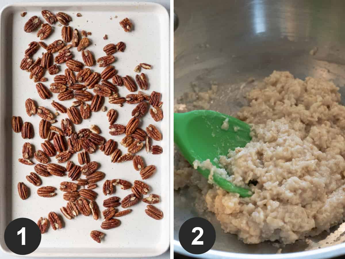 a two-photo collage showing toasting pecans and cooking oats for the pie filling.