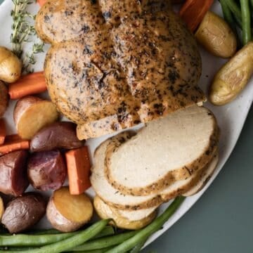 top of seitan turkey roast showing texture of skin and interior meat.