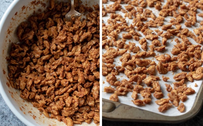 coating the soy curls in smoky sauce then spread on a baking sheet.