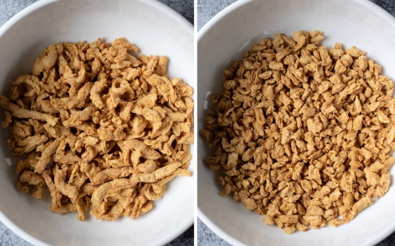 two photos showing before and after breaking soy curls into smaller pieces.