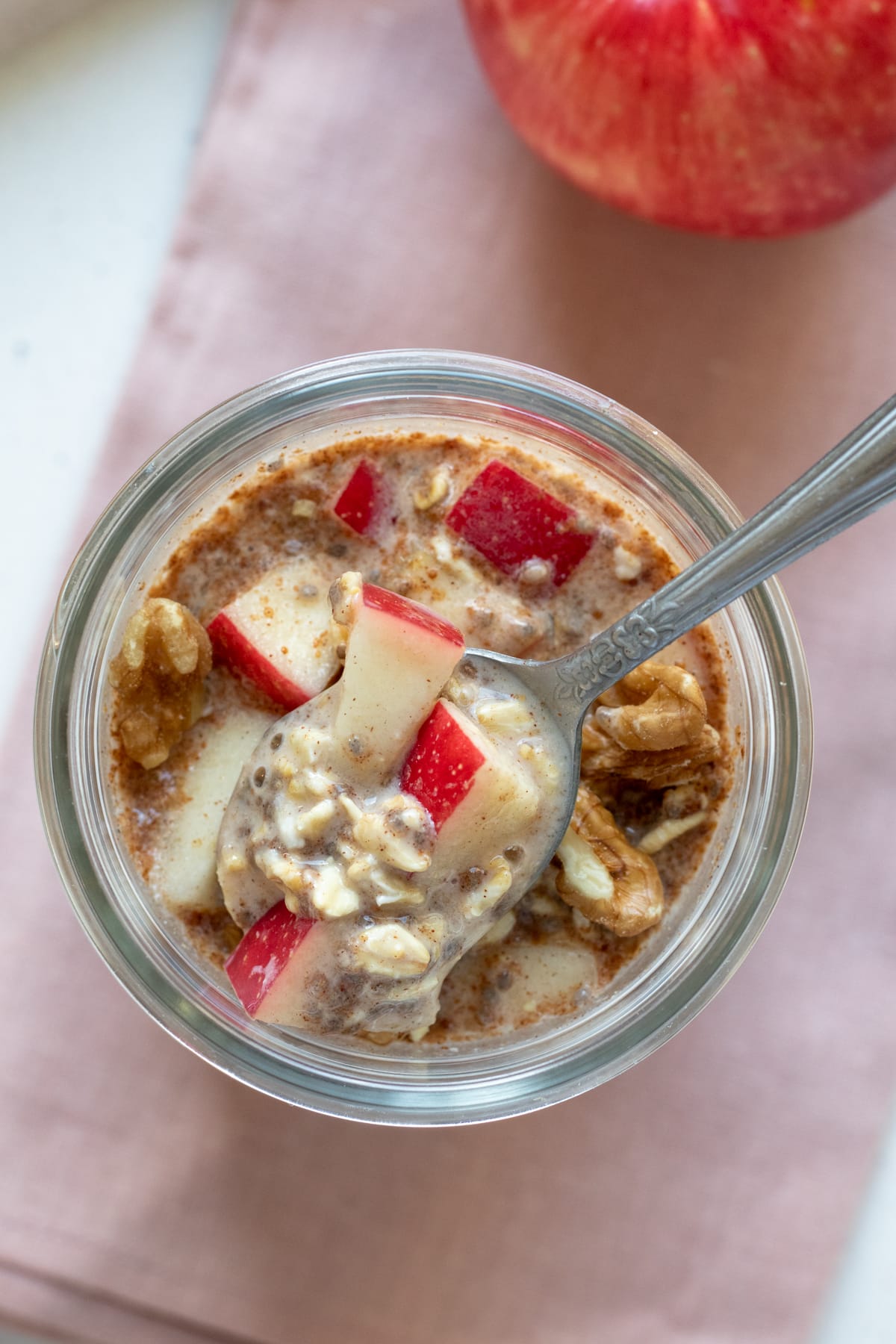 creamy overnight oats with chia seeds and crisp apple.