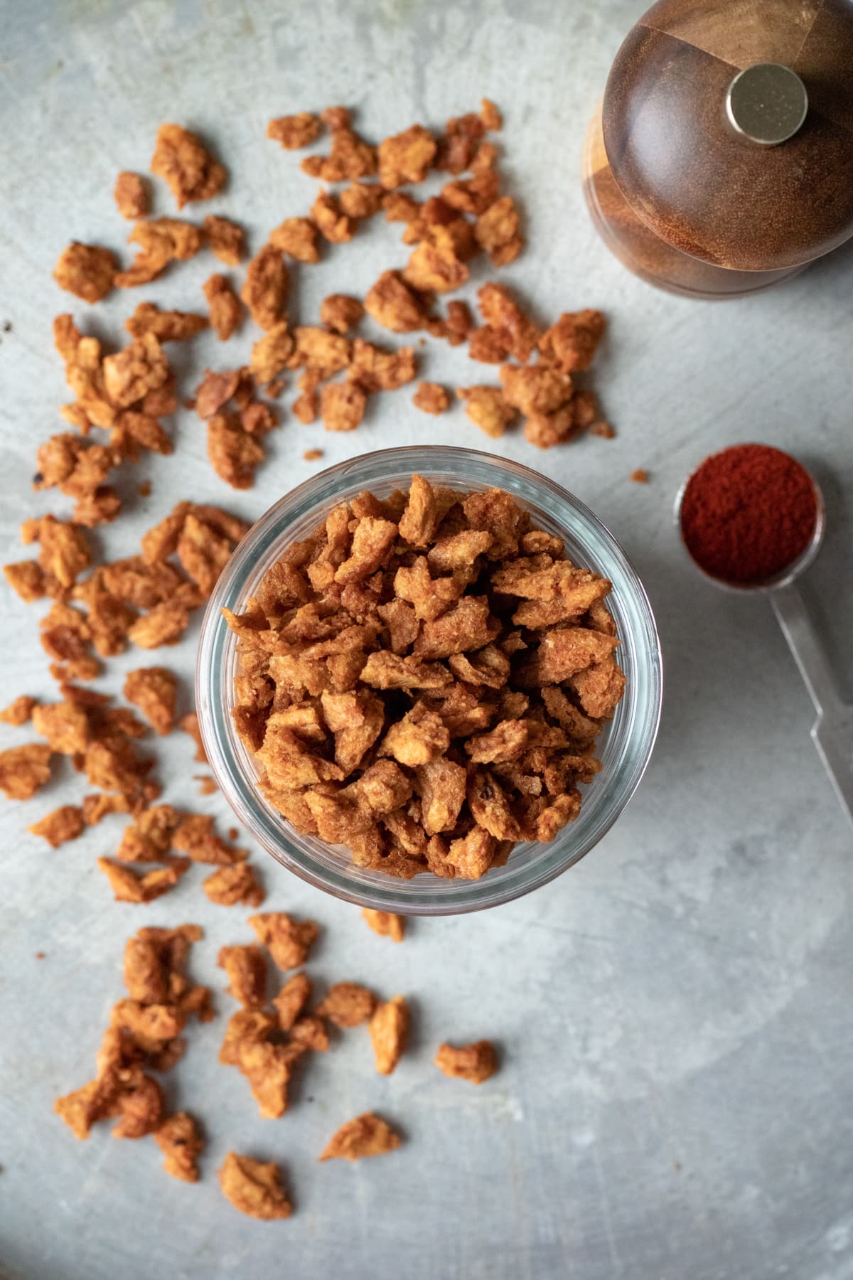 crunchy vegan bacon bits in a jar for easy storage.