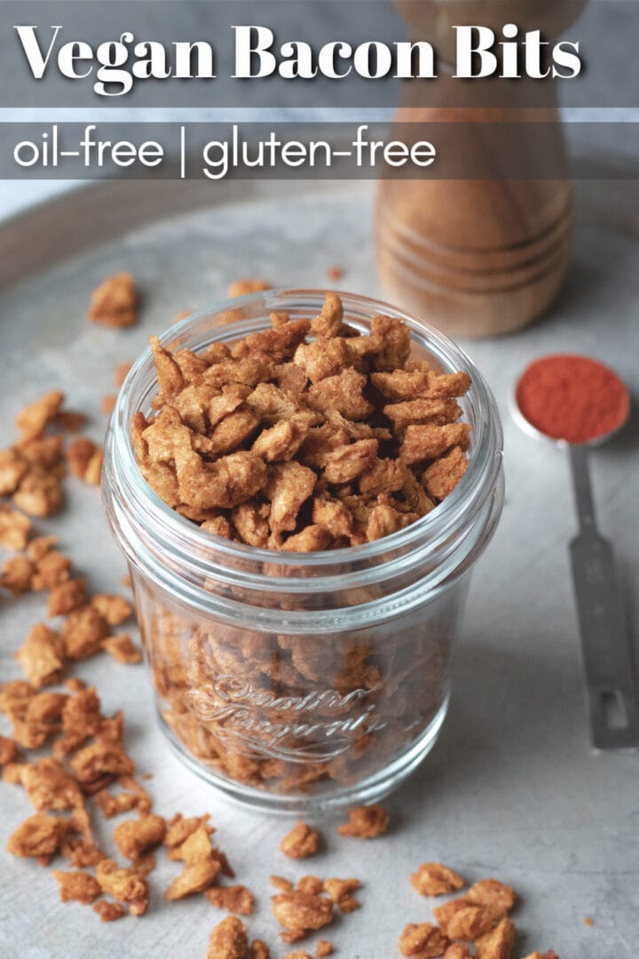 bacon bits in a jar with title of recipe text overlay