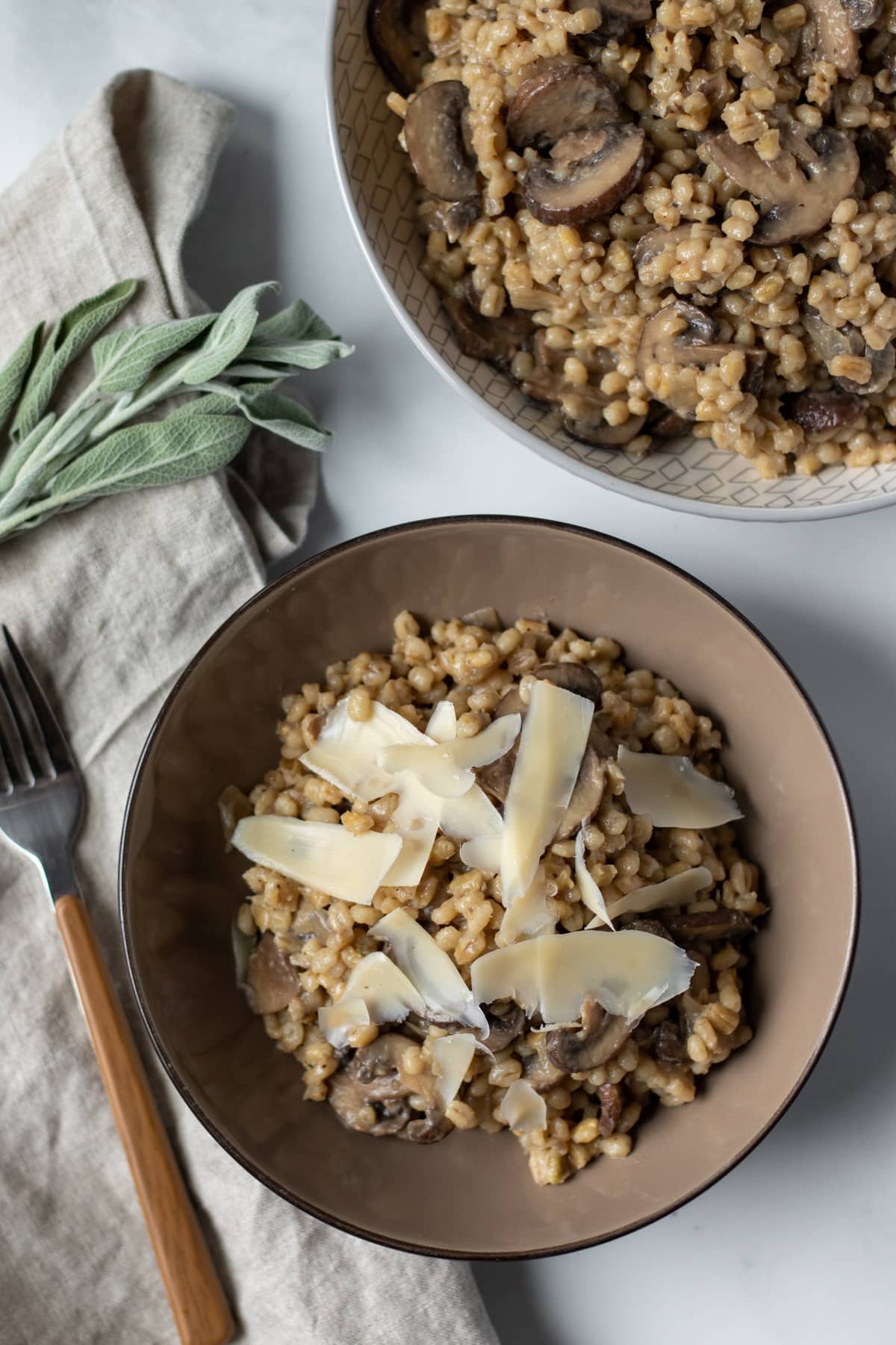 Overhead view of two bowls filled with orzotto made with mushrooms.