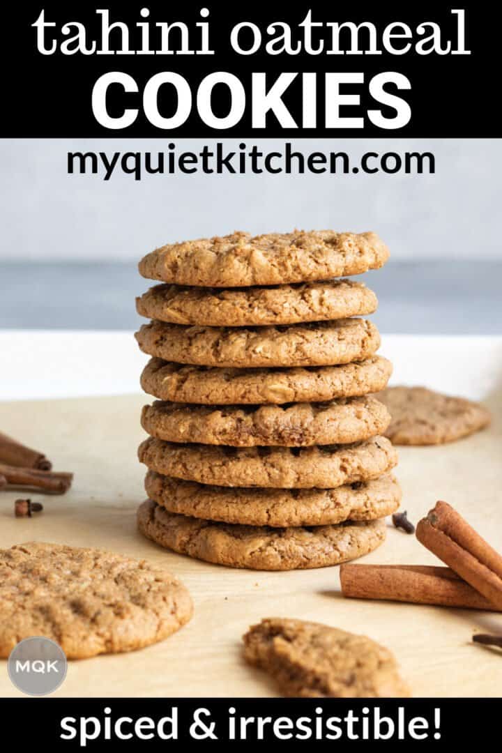 a stack of cookies with recipe title overlay to save on Pinterest.