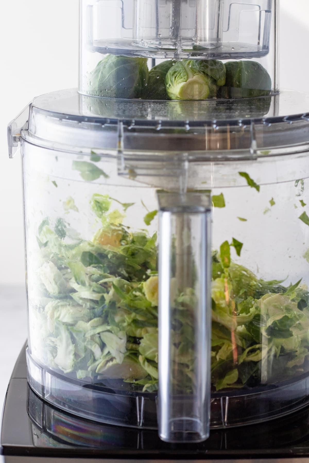 using the slicing disc in a food processor to shred brussels sprouts.