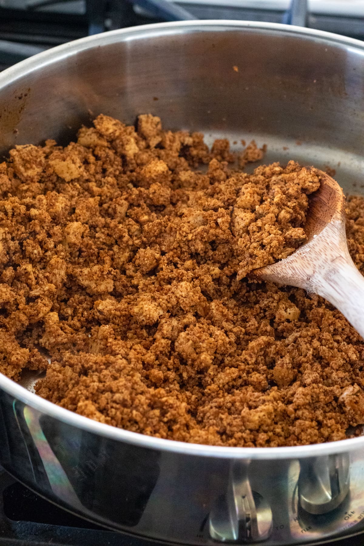 making tofu chorizo in a large sauté pan.