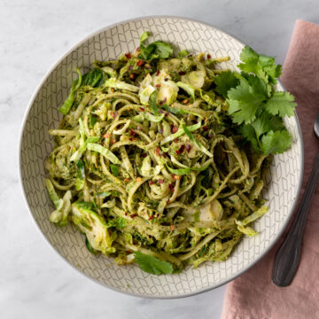 vegan zhoug pasta in a bowl