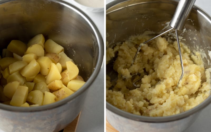 two photo collage showing mashing potatoes in pot with yogurt.