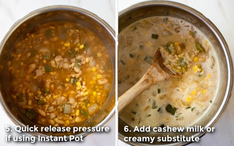two photos showing the white chili before and after adding cashew milk.