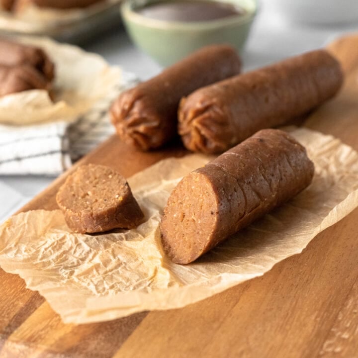 close up of meaty vegan sausage texture