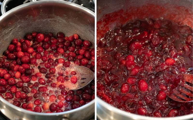 two photos showing thickening of cranberry sauce as it cooks
