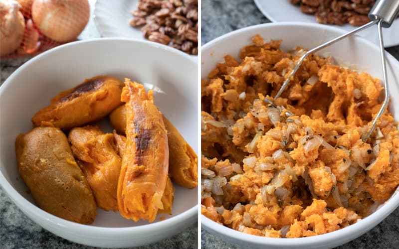 2 photos showing how to mash sweet potatoes with the sauteed savory herbs and veggies.