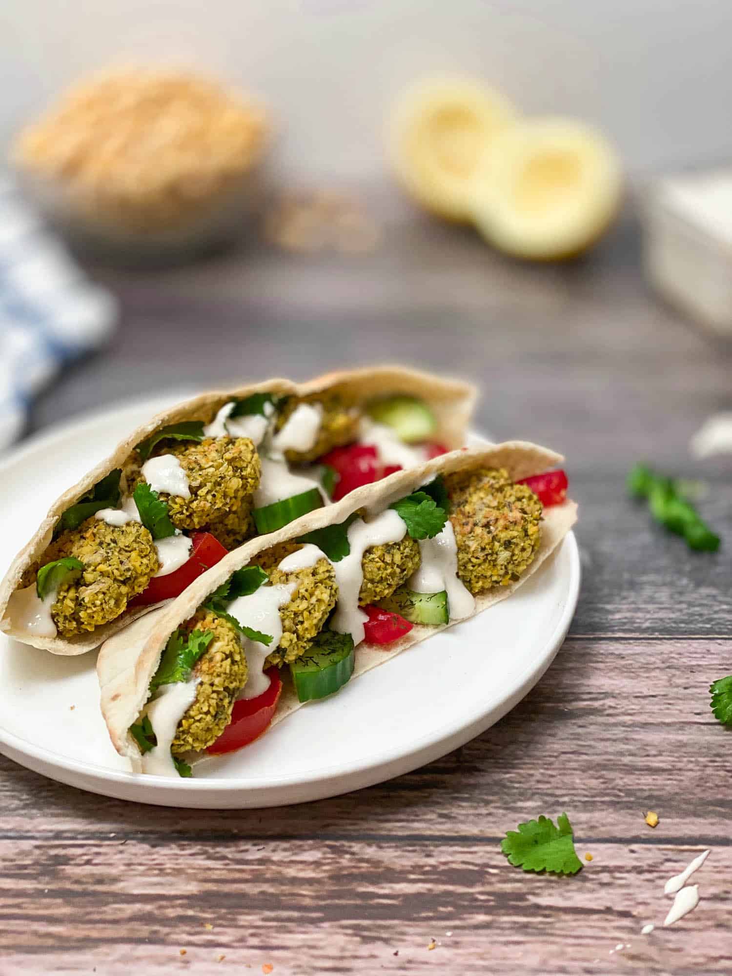 pita stuffed with falafel and creamy sauce.