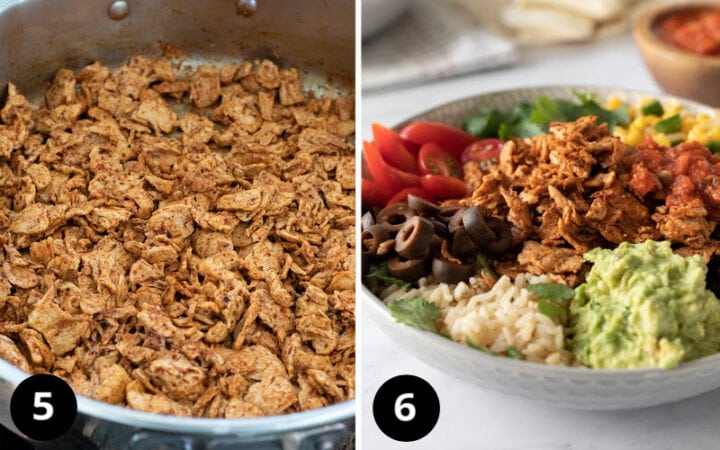 2-photo collage showing sautéing seitan and adding taco seasoning, then assembling bowls