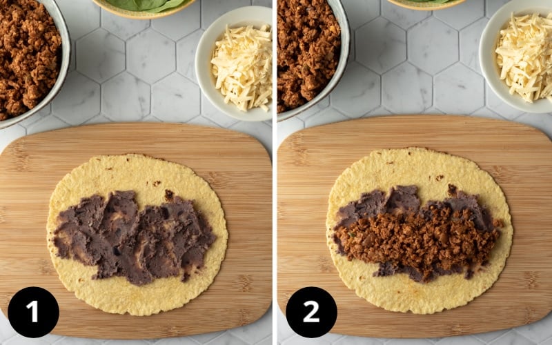 2 photos showing layering of beans and vegan taco meat inside taquitos.