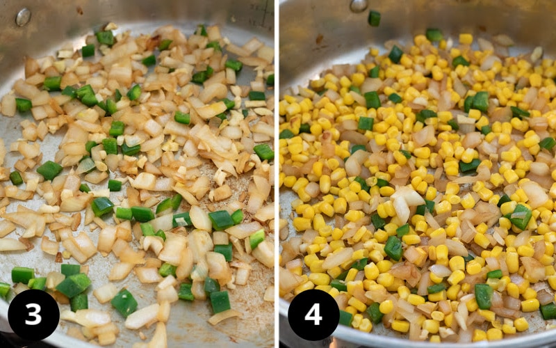 a 2-photo collage showing first steps of cooking vegetables.