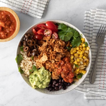 overhead view of a colorful vegan taco bowl.