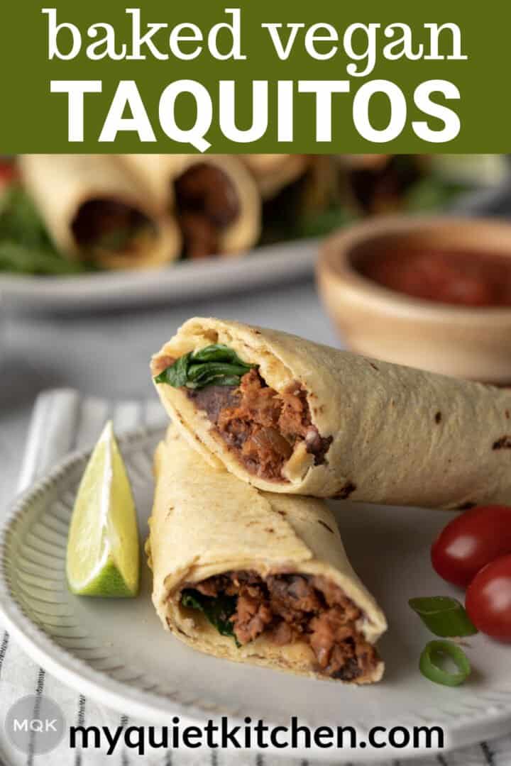 Taquitos photo with text to save on Pinterest.
