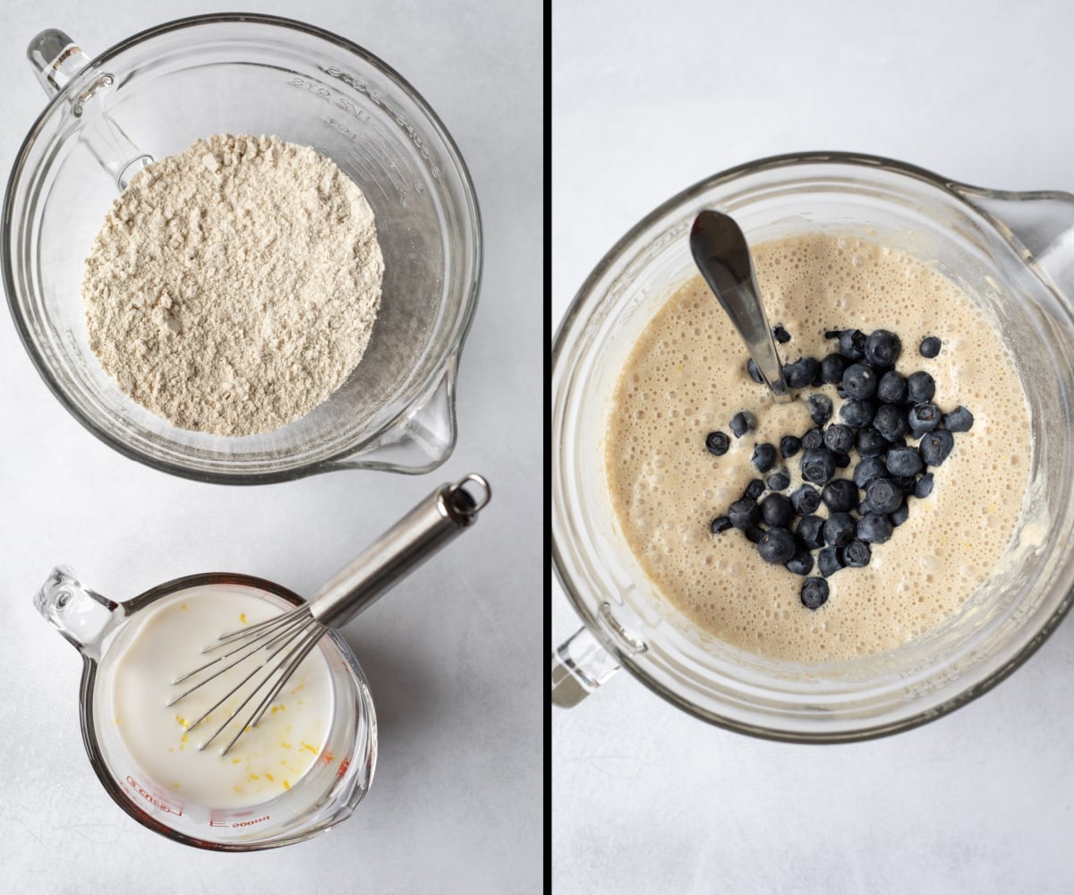 2-photos showing mixing wet and dry ingredients separately, then adding blueberries to batter.