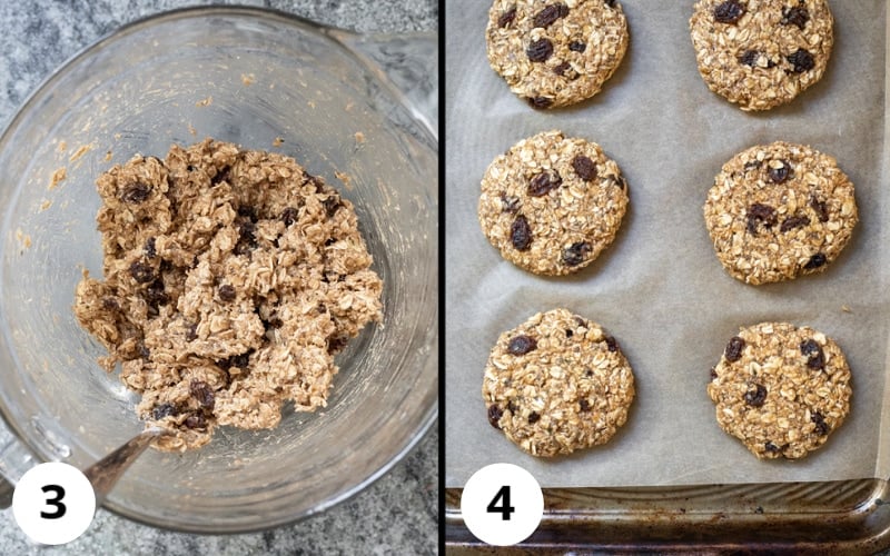 2-photo collage showing dough with raisins added then formed into 6 cookies.