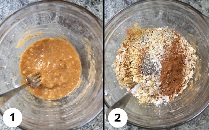 2-photo collage showing mixing the wet ingredients then adding all dry ingredients - one bowl.