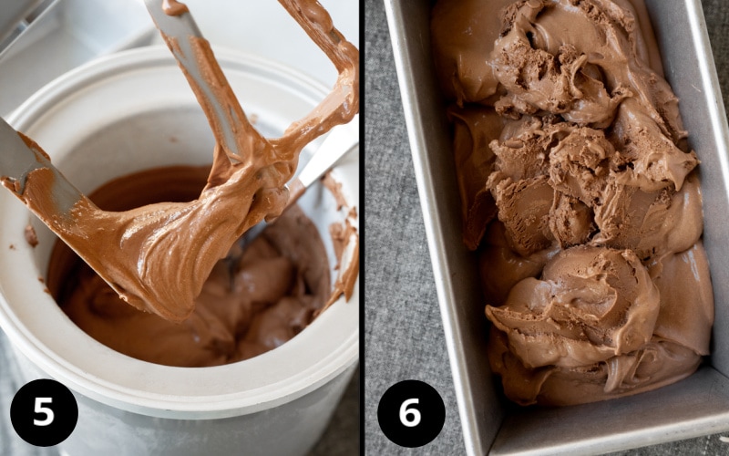 2 photos showing straight out of ice cream maker and putting in a loaf pan to freeze.