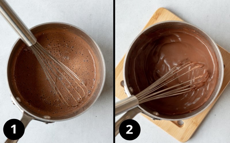 2 photos showing heating milk and corn starch for creamy ice cream texture.