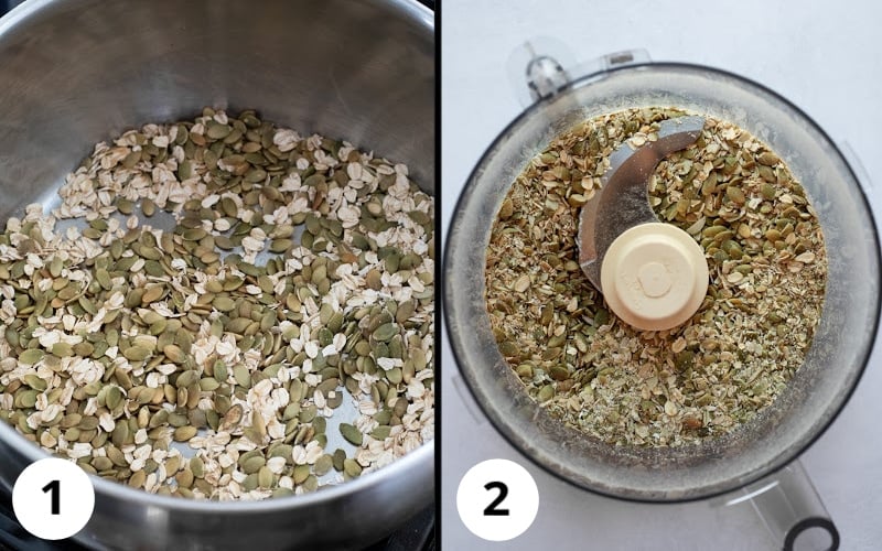 2 photos showing how to make oil-free gluten-free crust with pumpkin seeds and oats.