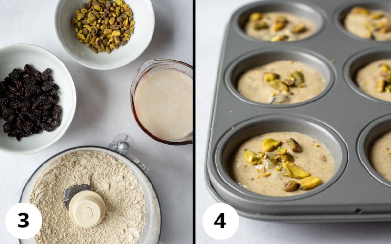 2 photos showing wet and dry ingredients before combining, then poured into muffin pan.