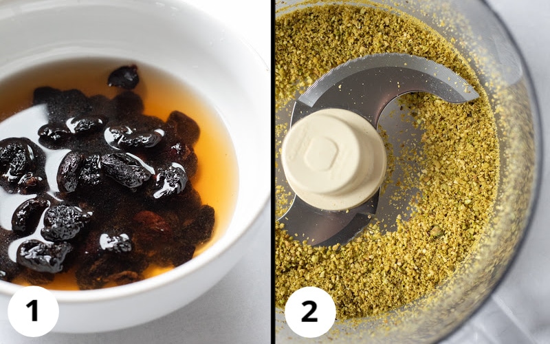 2 photo collage showing soaking dried cherries and pulsing pistachios into crumbs.