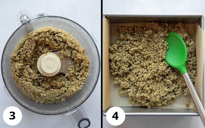 2 photos showing gluten-free crust ingredients in food processor then in a pan.