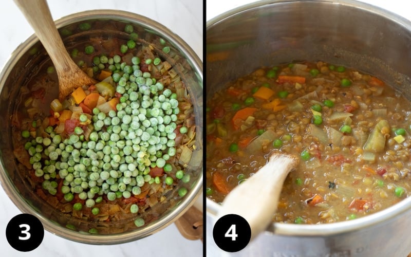 2 photos showing adding peas and peanut butter/broth mixture after cooking