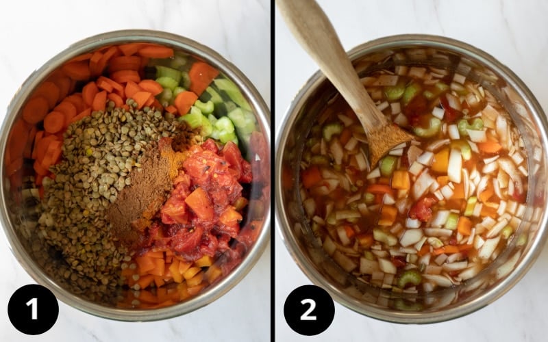 2 photos showing how easy it is to add ingredients to the Instant Pot