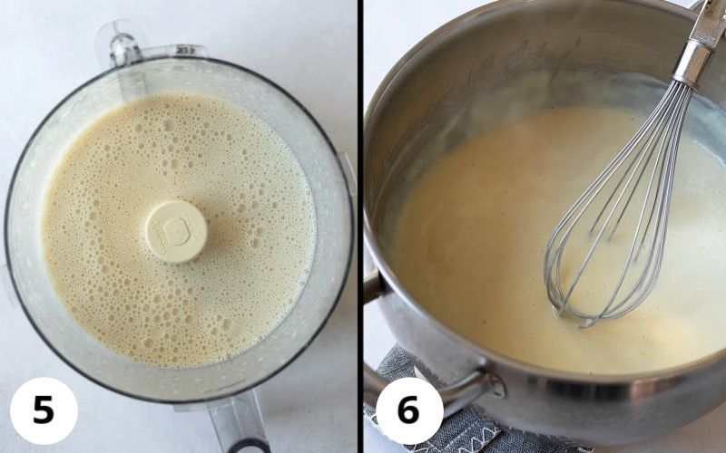 2 photos showing blending and heating the creamy lemon bar filling.