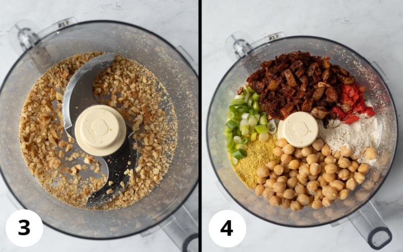 2 photos showing stages of pulsing ingredients in food processor